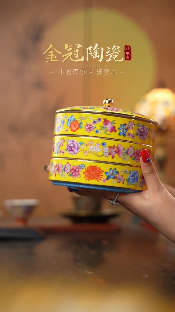 陶瓷繁花帝王黄三层食盒