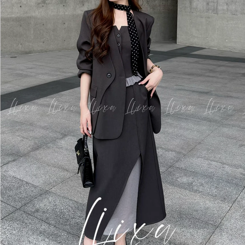 小榆秋季韩版知性风时尚显瘦灰色气质西装开叉设计半裙套装