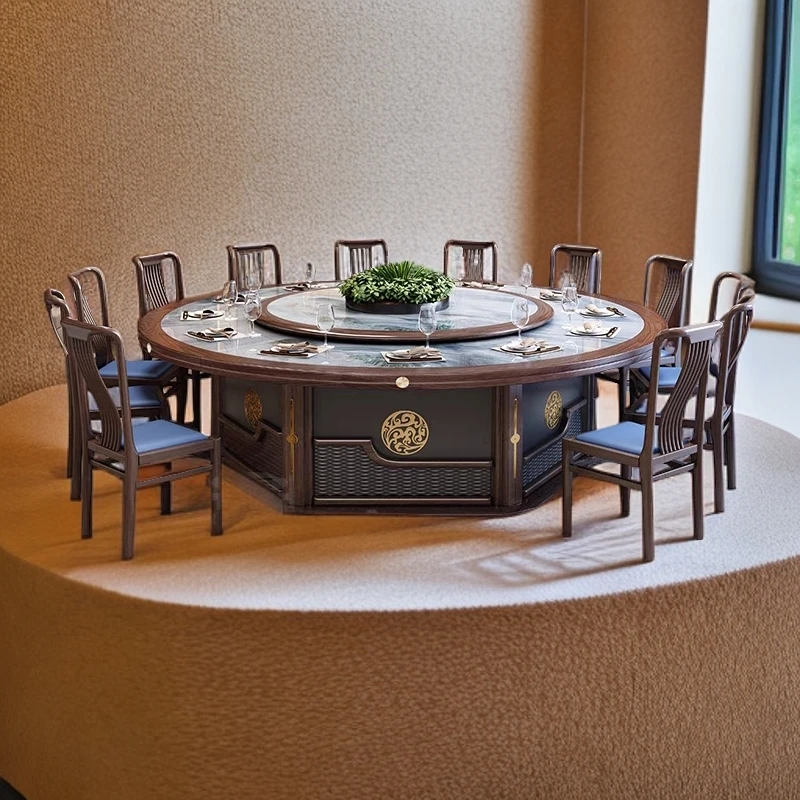 新中式实木岩板酒店电动大圆桌适用于饭店包厢火锅桌