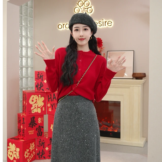 orange desire新年系列无缝一体新年红羊毛针织开衫OD2ESKGY004