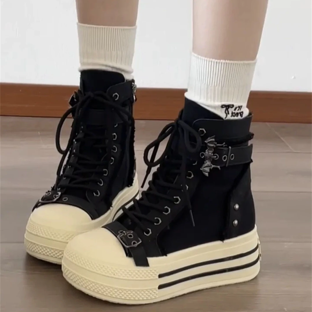 厚底内增高8cm松糕辣妹高帮帆布鞋秋季学生系带休闲短筒工装靴女