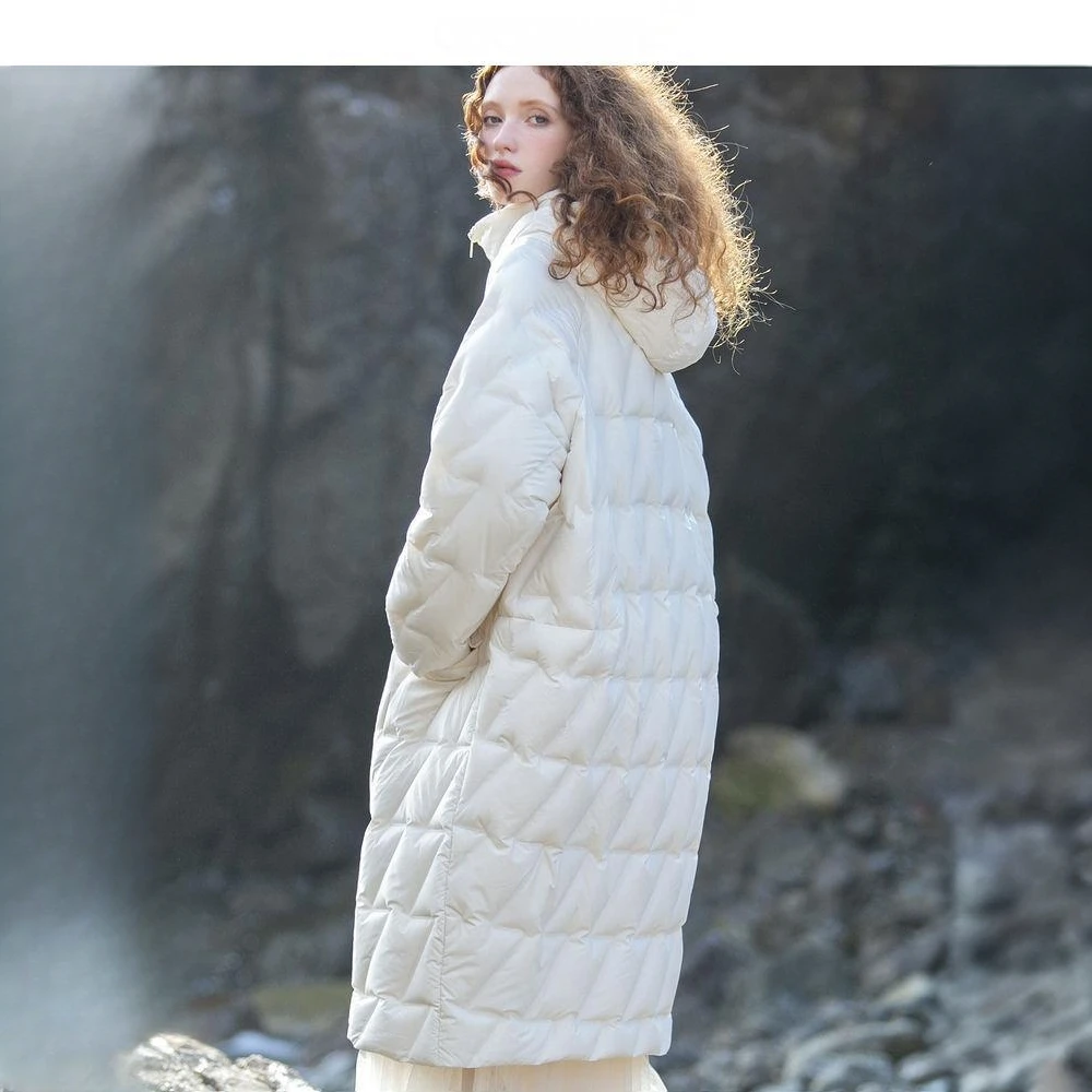 原创鸭绒茧型过膝羽绒服女中长款冬新白色外套