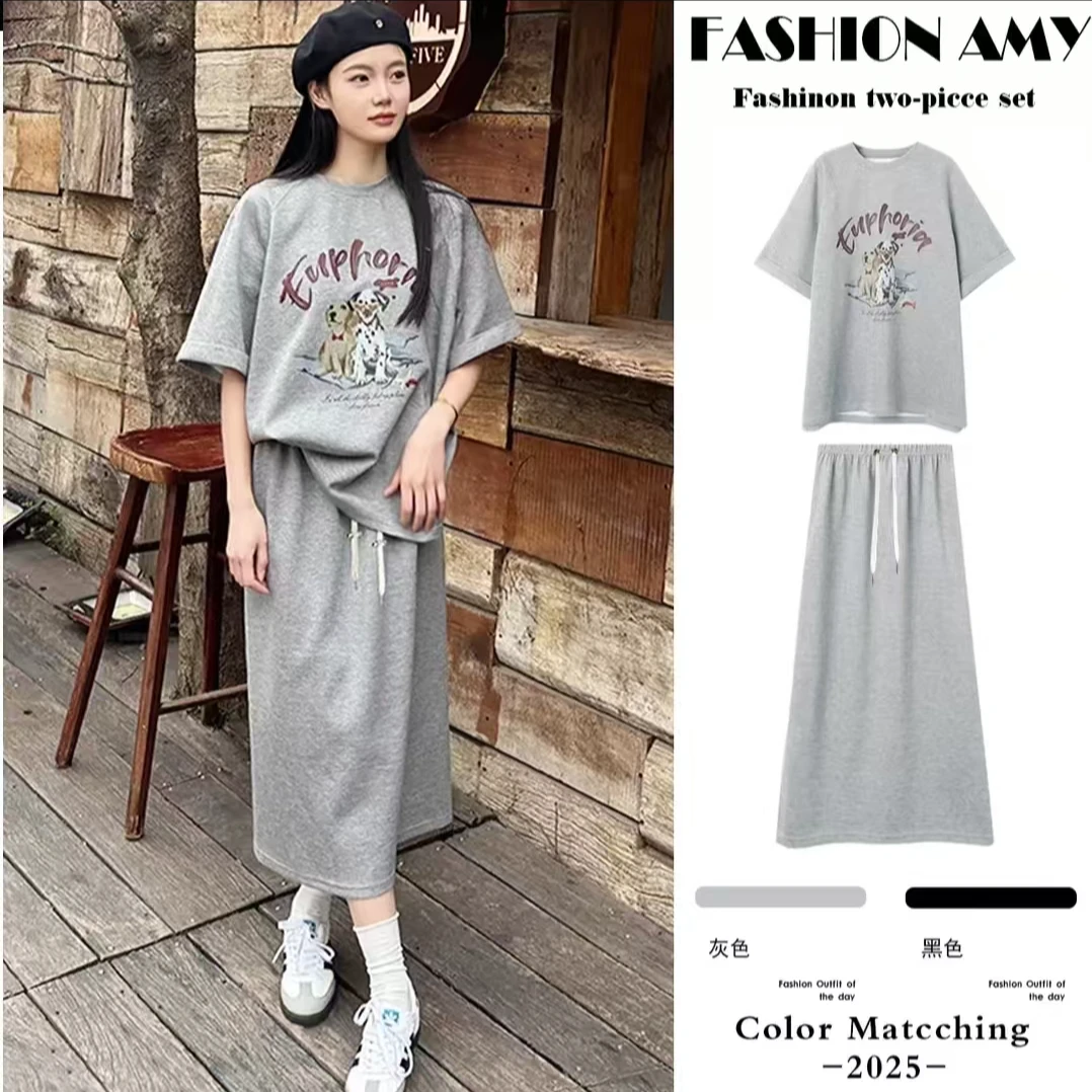 孕妇套装夏季新款时尚韩版减龄卡通小狗短袖T恤休闲显瘦半身裙子