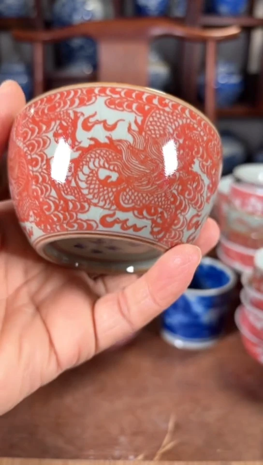 柴窑釉里红老陶泥卧足单杯