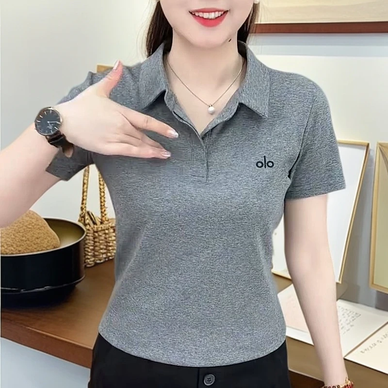 高档短袖t恤女POLO衫刺绣字母夏季新款2025显瘦百搭遮肚子上衣