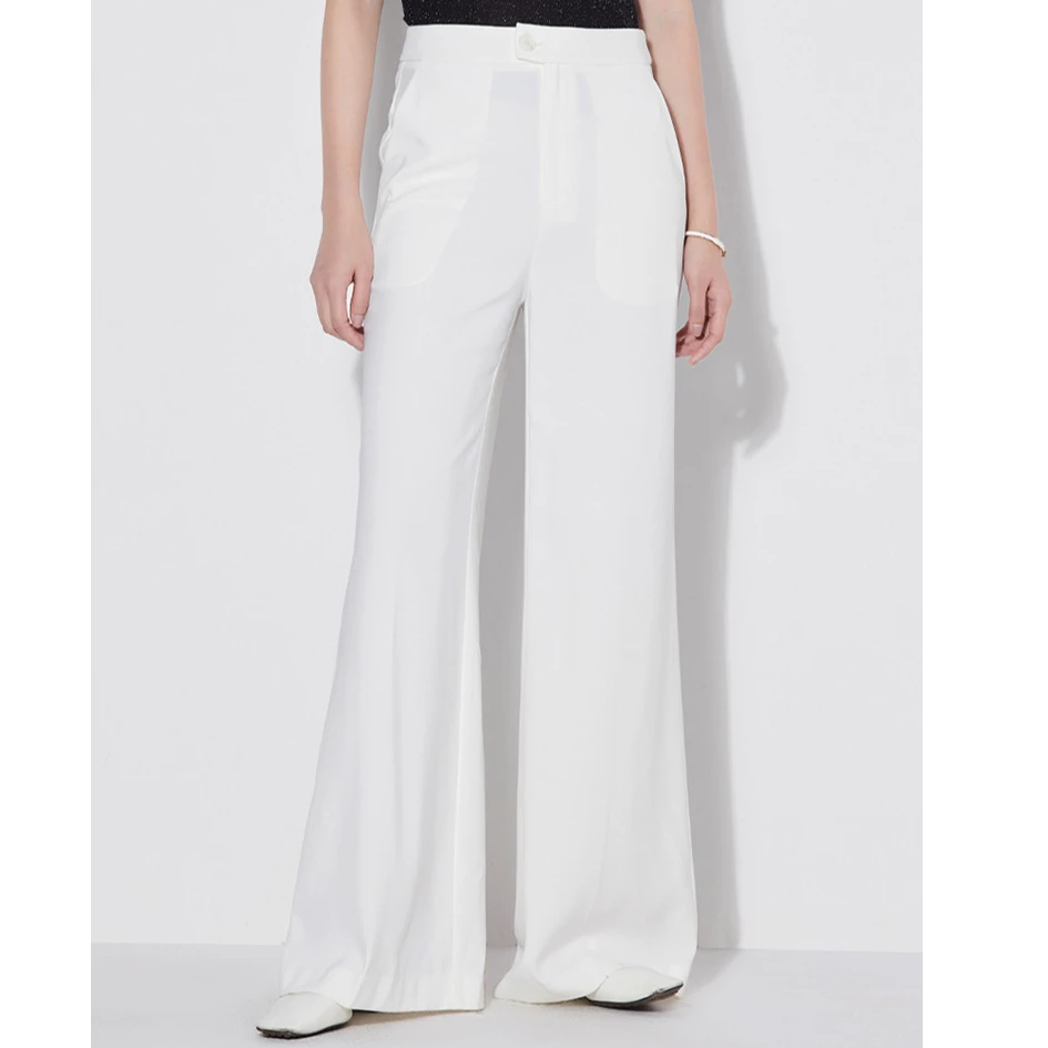 【曼德诗】纯色休闲裤女夏季腰部双扣设计优雅复古喇叭裤M130901