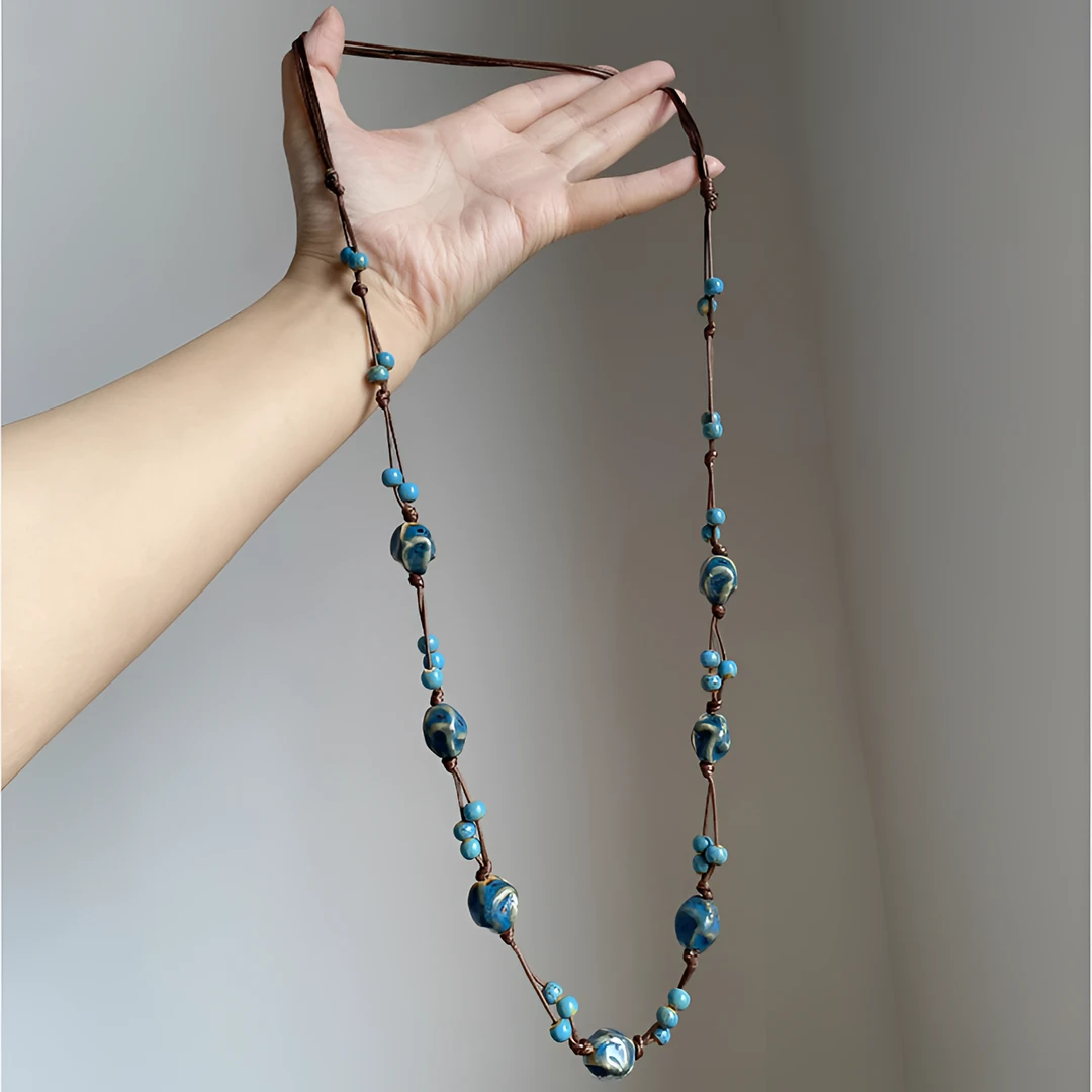 铜布艺项链 新中式复古国风蓝色串珠项链女民族风长款毛衣链颈链