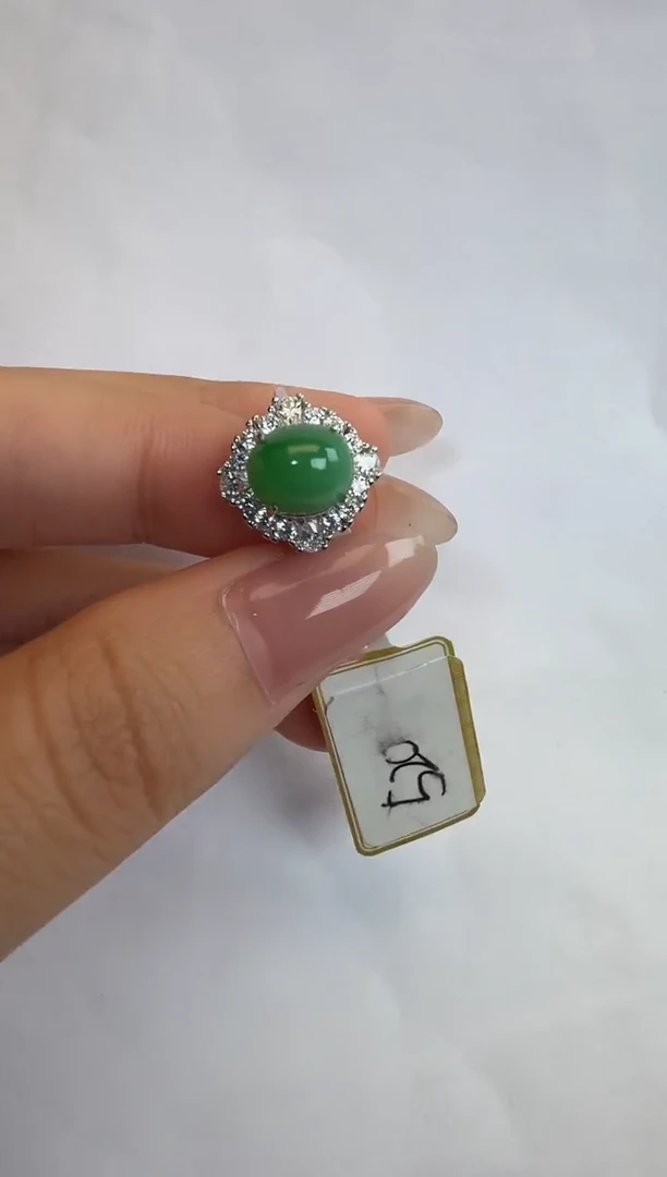 银S925镶嵌戒指翡翠通体925银镶缅甸A货翡翠戒指042