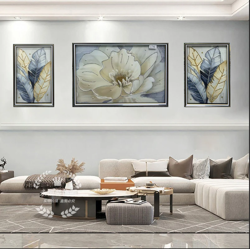 [喜宅家艺]S134玉兰花开奶油风客厅沙发背景墙三连钢化玻璃实物画