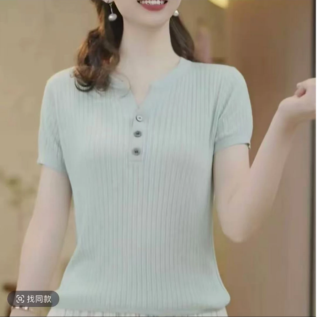 3扣2】纯色简约V领针织衫短袖T恤女休闲百搭上衣女