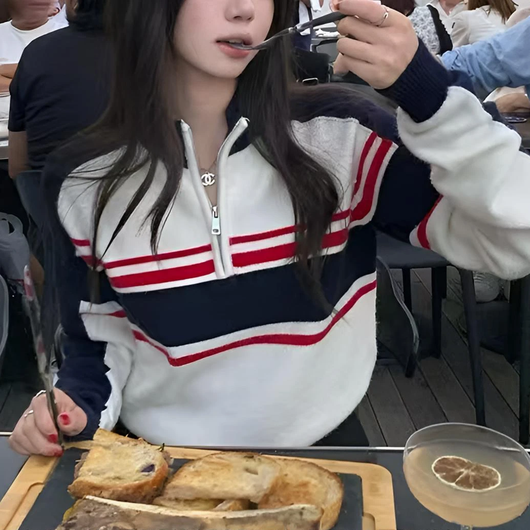 秋冬半高领毛衣女美式复古撞色条纹半拉链内搭外穿百搭拼色针织衫