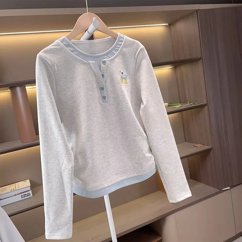 女童长袖打底衫2025新款春秋款中大童假两件拼接卫衣T恤百搭刺绣9