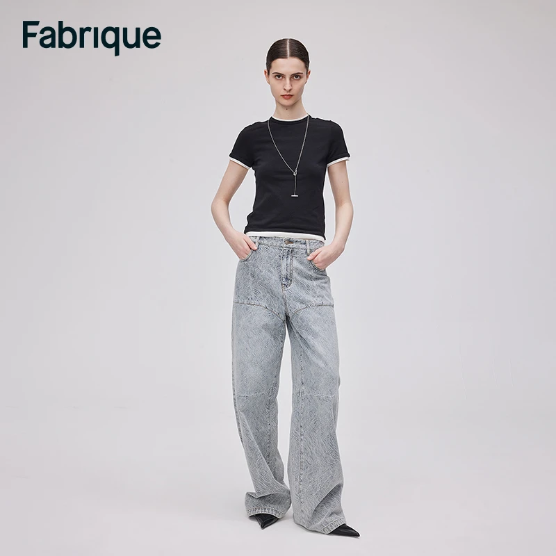 【Fabrique】Eliana秋冬新款水波纹提花多片拼接纯棉阔腿时尚牛仔裤
