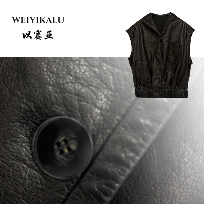 以赛亚 夜行简 女款V领廓形休闲短款绵羊油蜡皮真皮皮衣马甲 2610