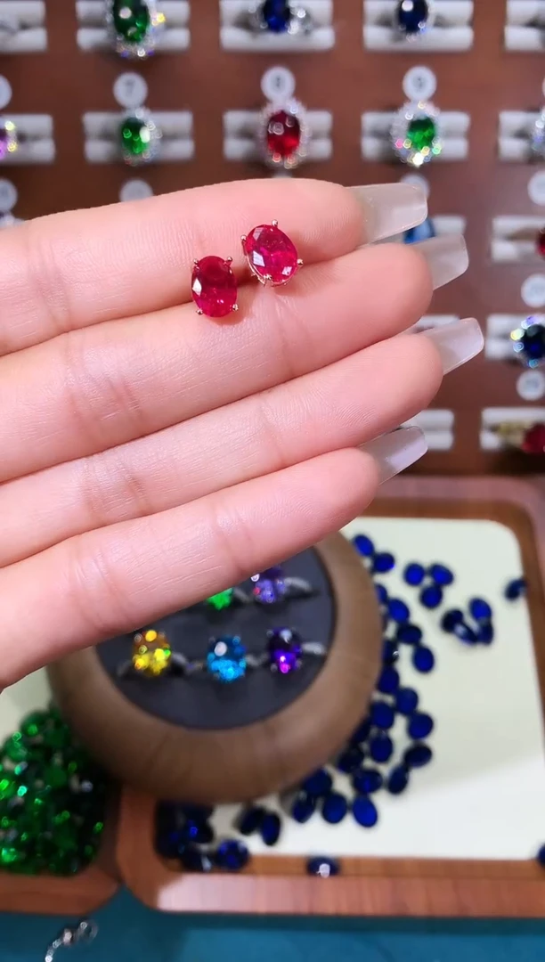 银S925镶嵌耳饰红宝石68玫瑰金