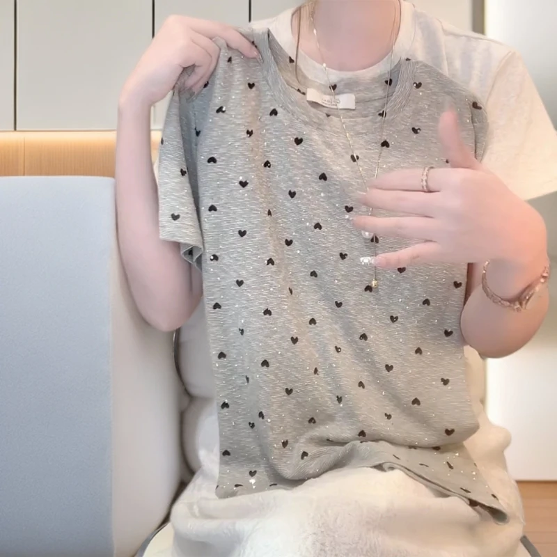 夏季新款灰色小爱心时尚百搭短袖T恤宽松显瘦休闲上衣C5262