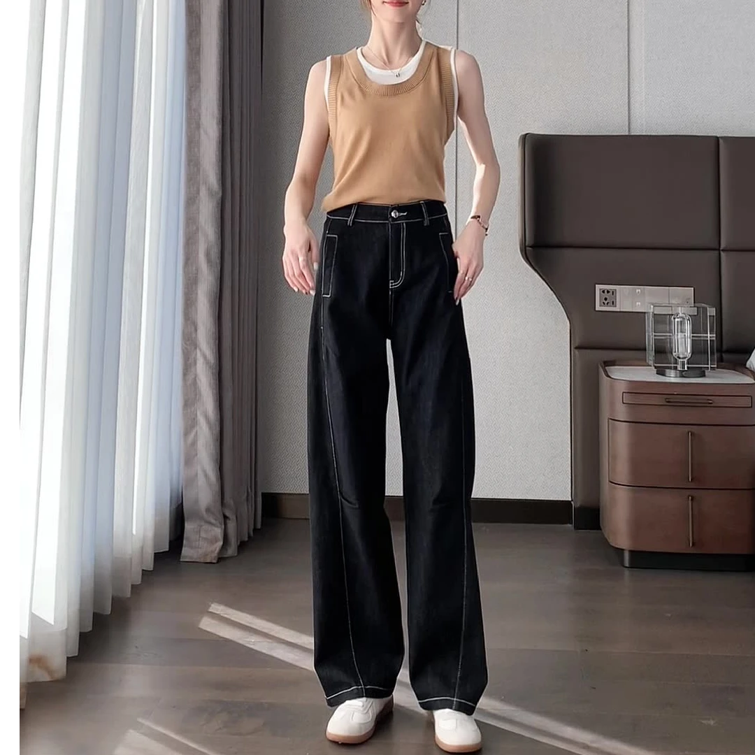 深蓝色弯刀阔腿牛仔裤女春季新款高腰直筒宽松显瘦垂感香蕉镰刀裤