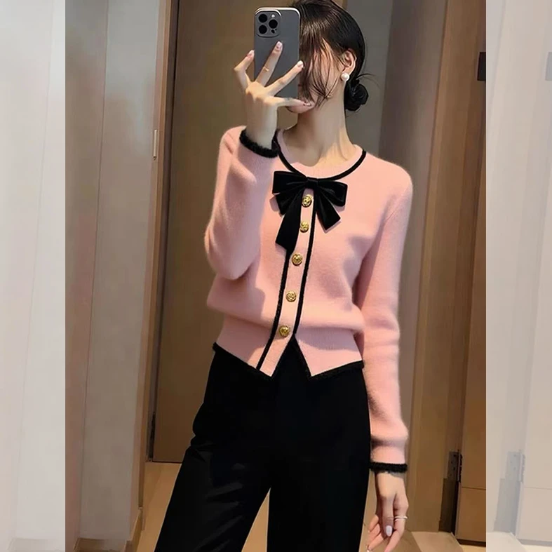 韩版小香风粉色蝴蝶结针织开衫女秋冬新款洋气优雅百搭显瘦上衣潮