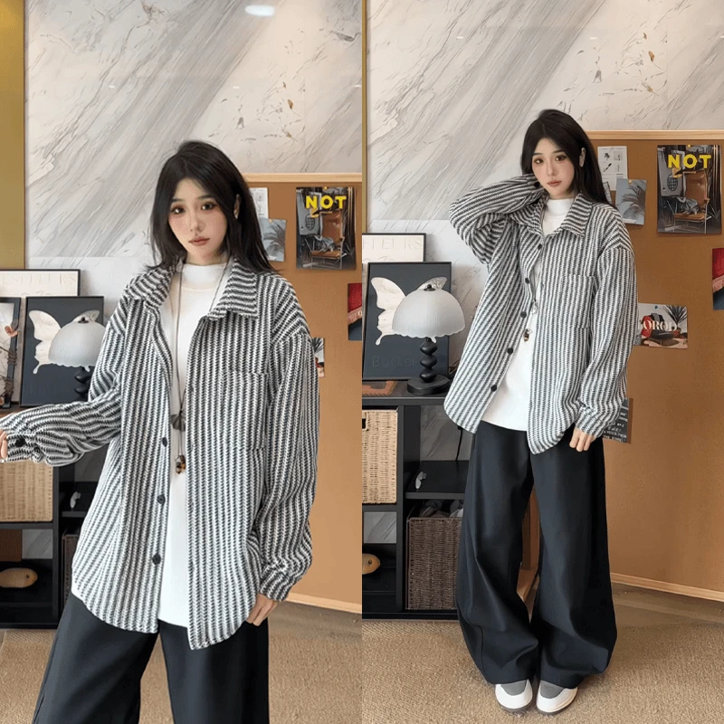 雪尼尔重磅鱼骨纹翻领夹克男款美式撞色条纹衬衫高级感小香风外套