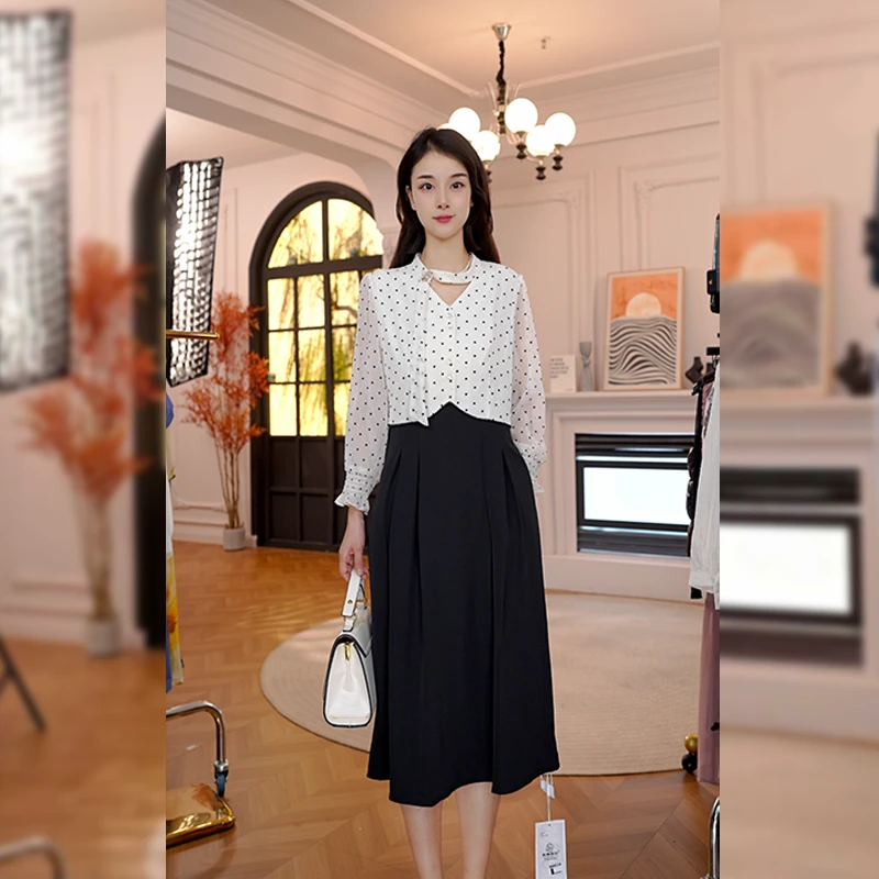 时尚拼接连衣裙2025秋新款优雅气质显瘦假两件中长裙5529#