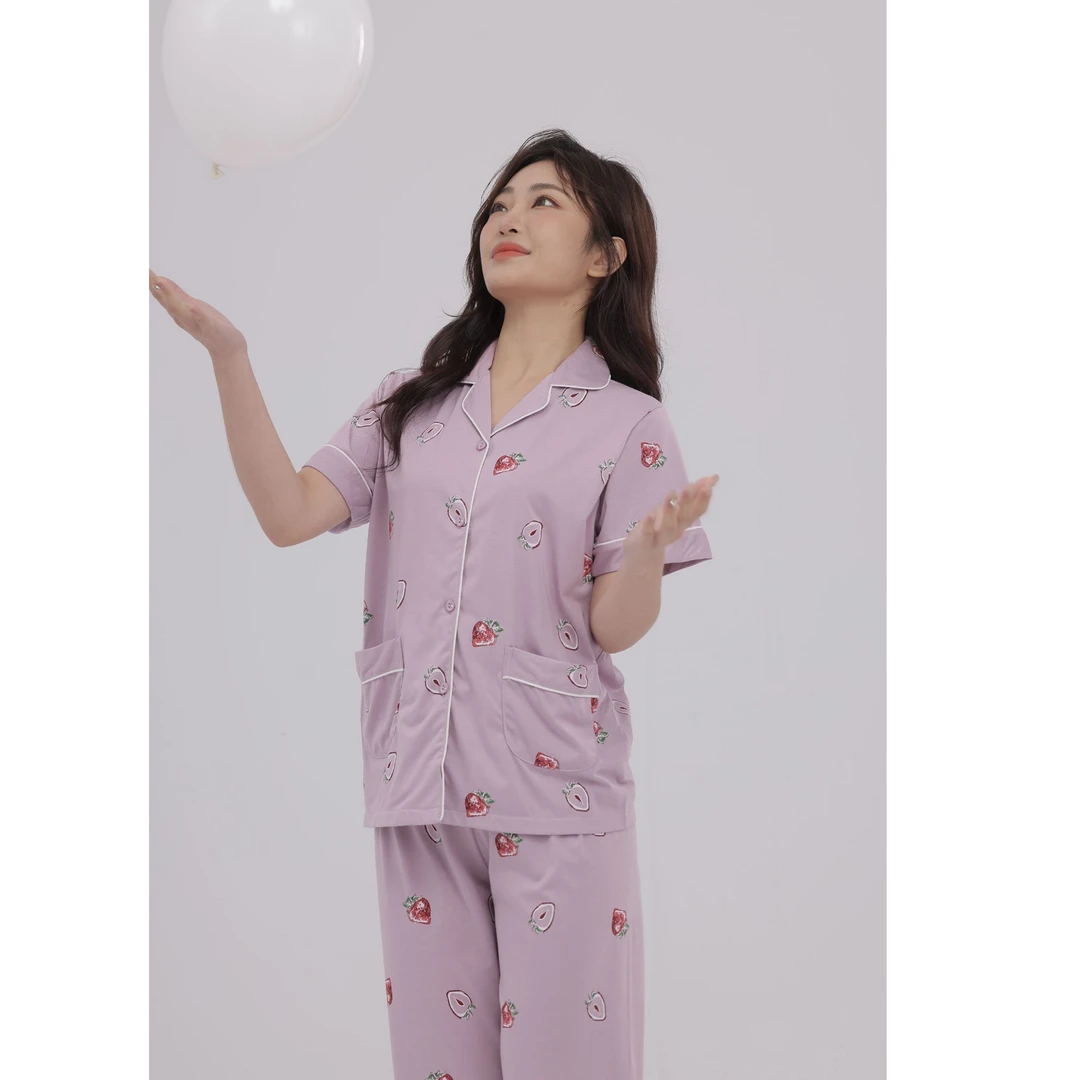 玉康2025短袖长裤丝光爽棉女士睡衣套装夏季小翻领薄款小草莓印花