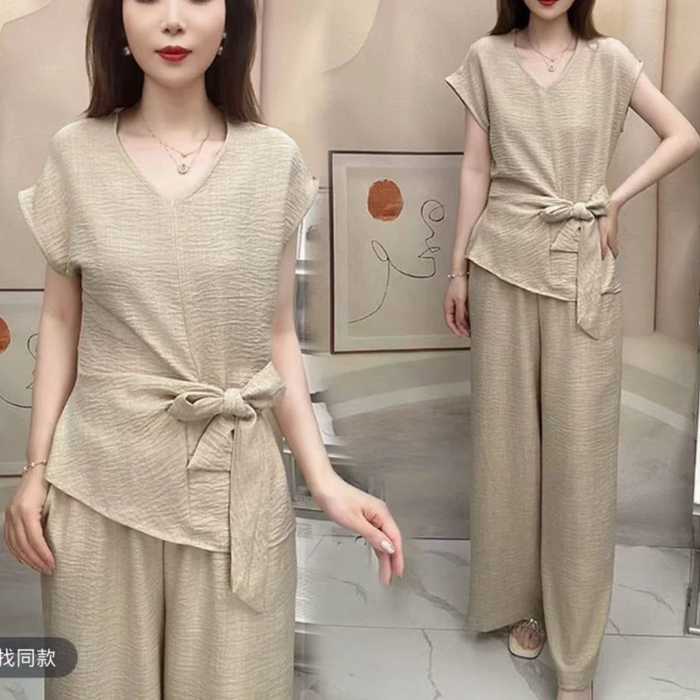 夏季时尚休闲短袖系带衬衫套装长裤裤显瘦两件套女2683+5063