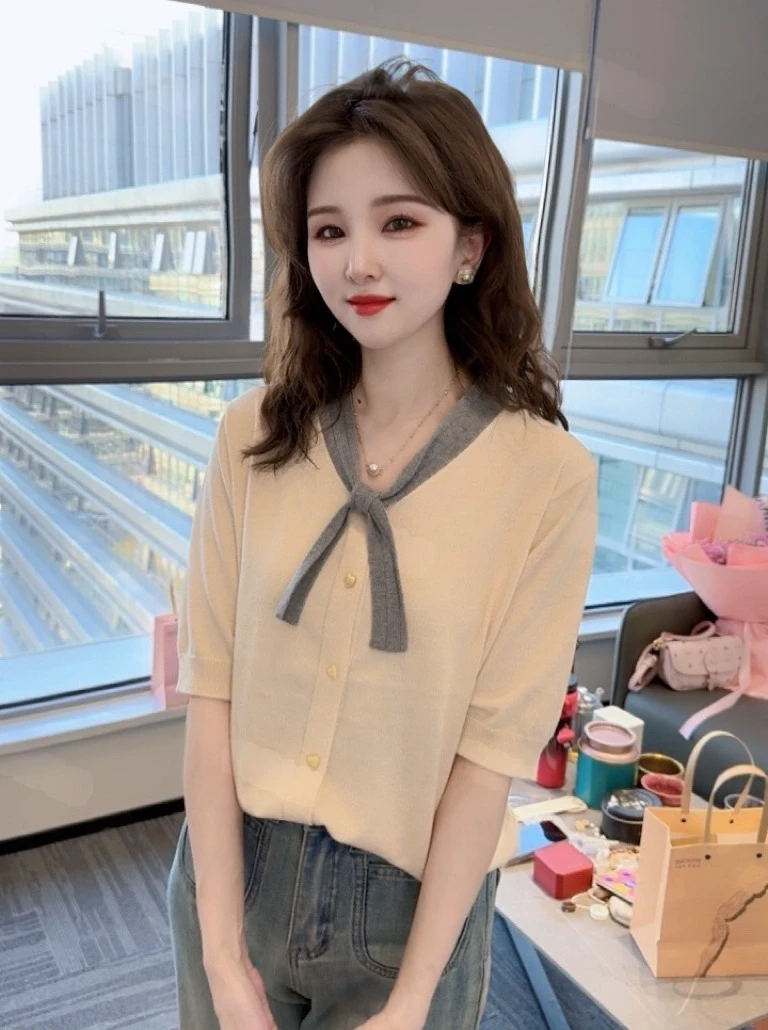 细绵毛衣温柔小香风蝴蝶结系带短袖针织衫新款软糯洋气上衣H6-84