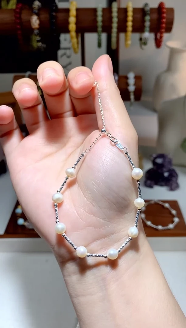 淡水珍珠手链银S925镶嵌珍珠车花管手链