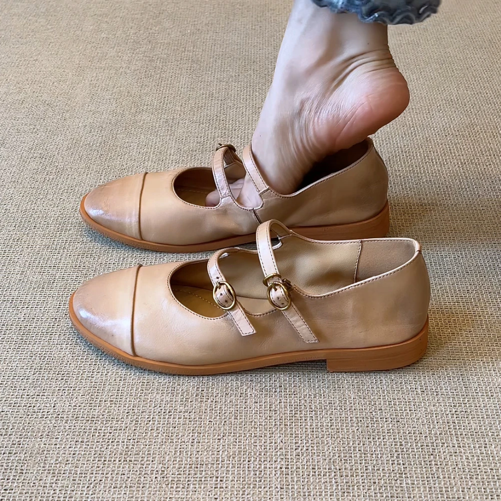 RubyL/2cm简约复古通勤百搭舒适双扣带圆头浅口纯色粗跟单鞋女款