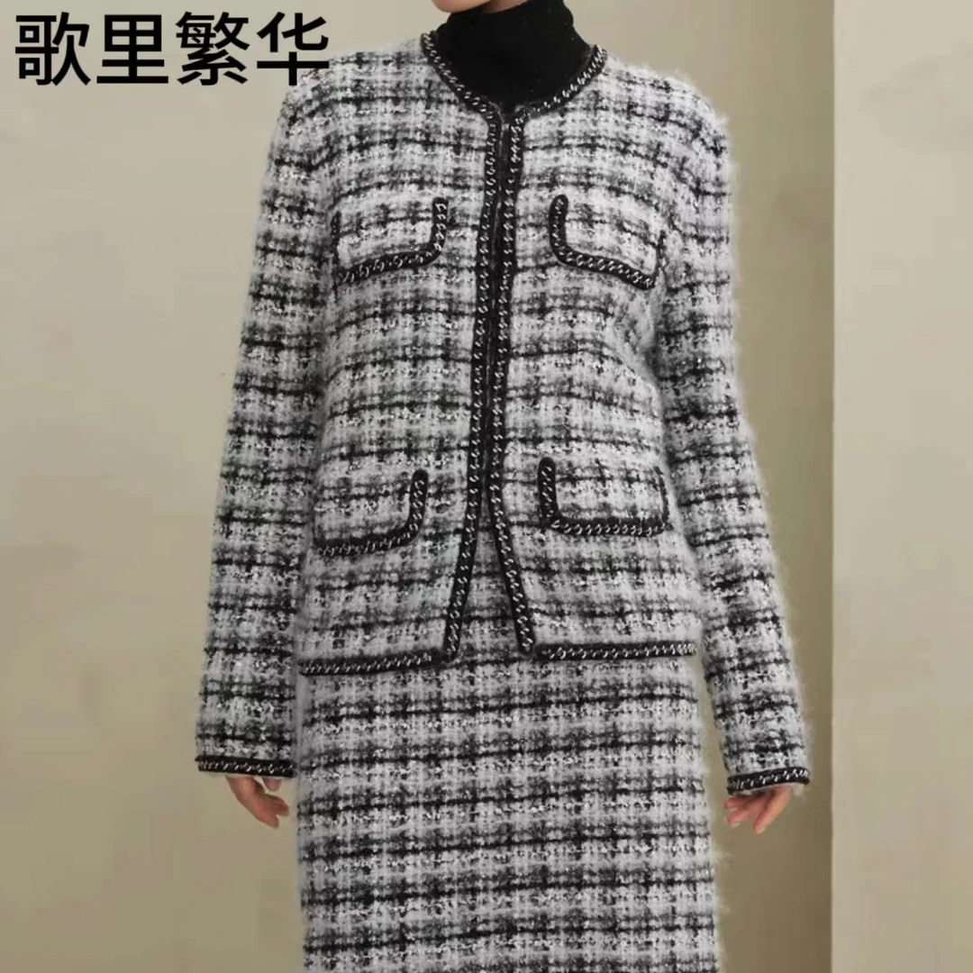 【歌里繁华】E+马海毛圆领千鸟格开衫女小香风条纹开衫0028