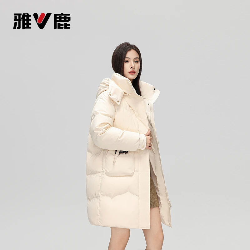 雅鹿时尚休闲美拉德色厚款羽绒服冬季新款中长款可脱卸帽防风保暖