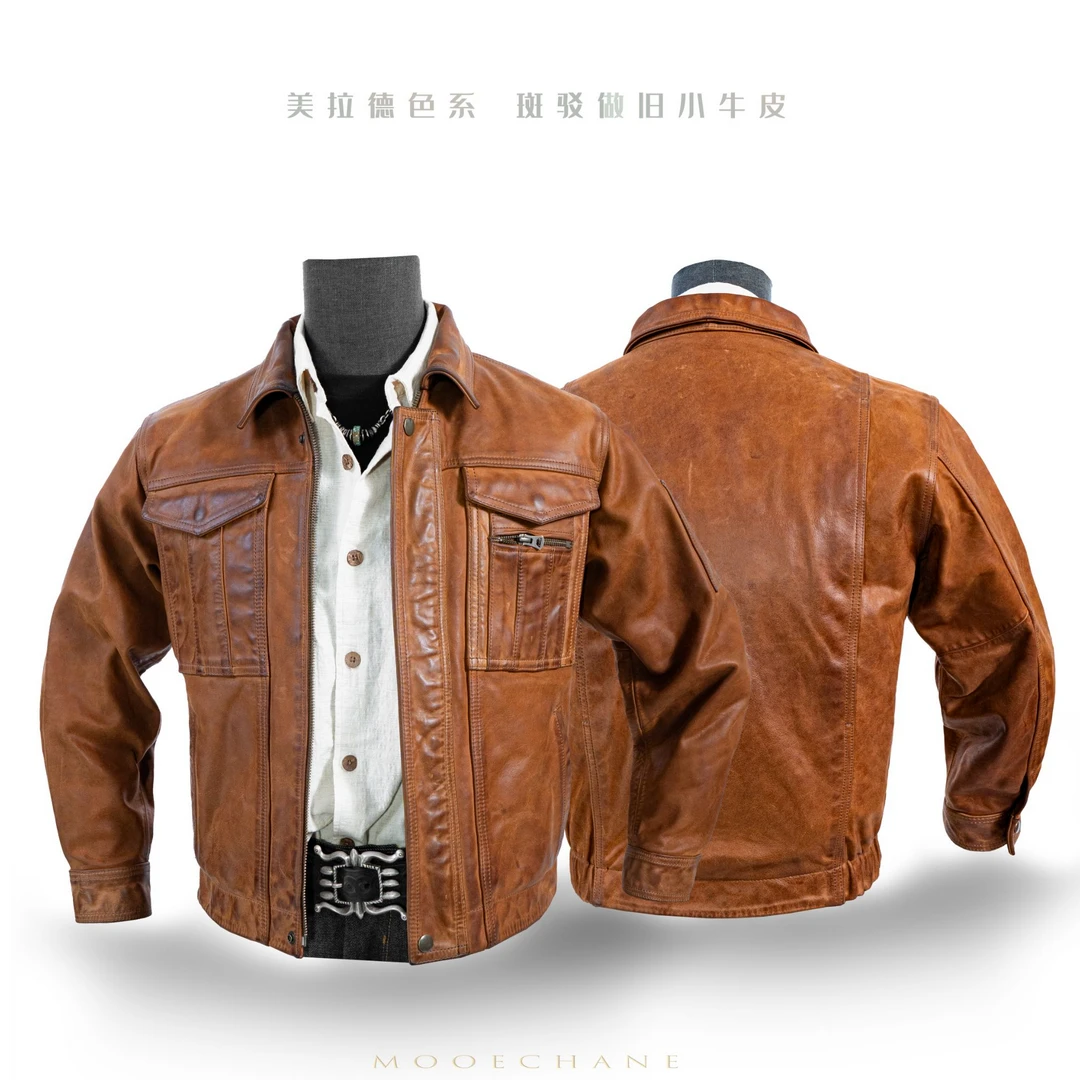 莫臣男装复古黄做旧做脏无涂头层牛皮翻领多口袋短款皮衣G9108