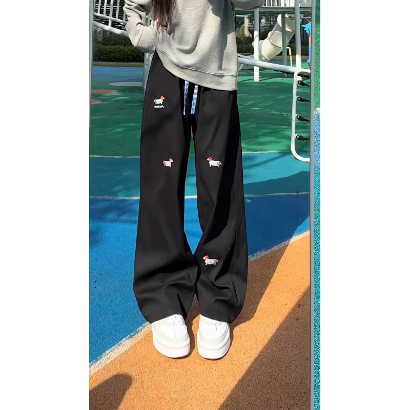 腊肠狗刺绣裤子男士春季美式男款休闲裤宽松直筒青少年男生运动裤