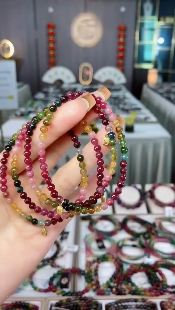 老矿碧玺色标彩虹油料单圈手串4mm+未镶嵌碧玺dan多样性发货一条