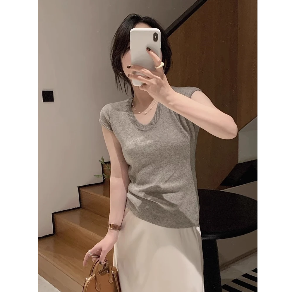 韩版法式复古优雅纯色短袖质感u领针织衫女显瘦百搭上衣