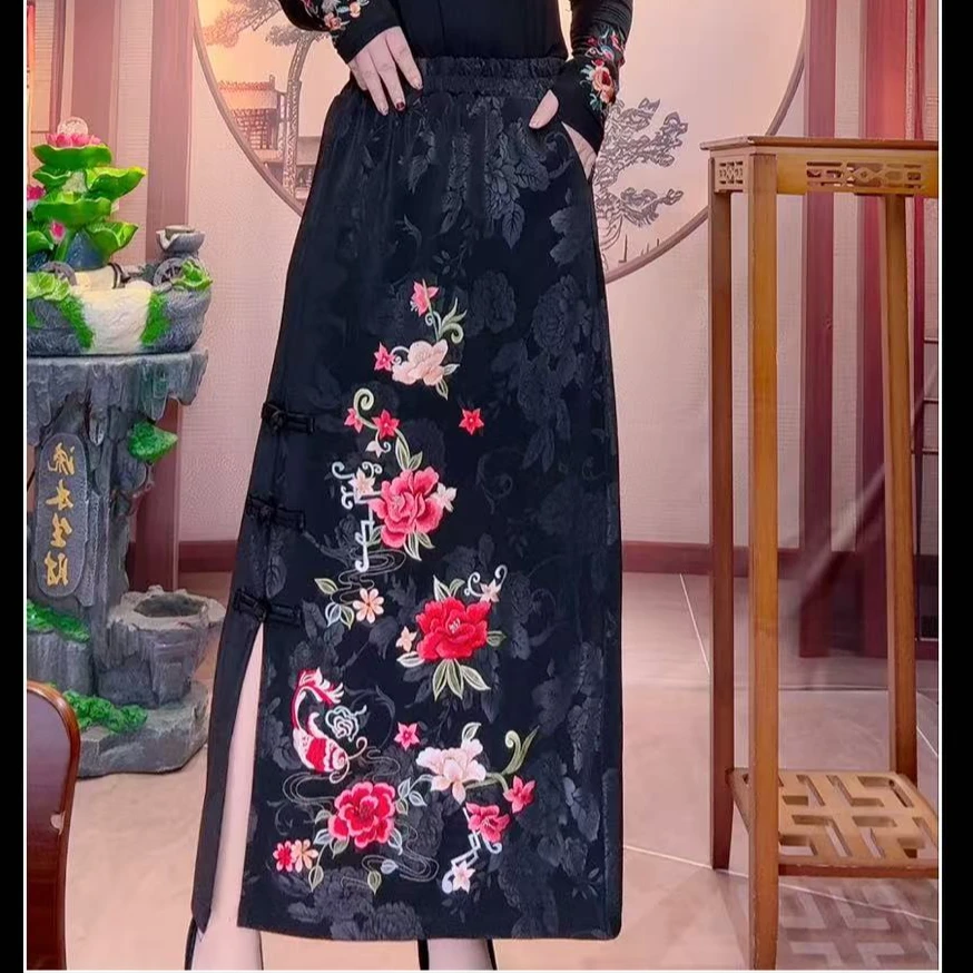 碎花盘口开叉黑色国风半身裙子唐汉布衣新款Y