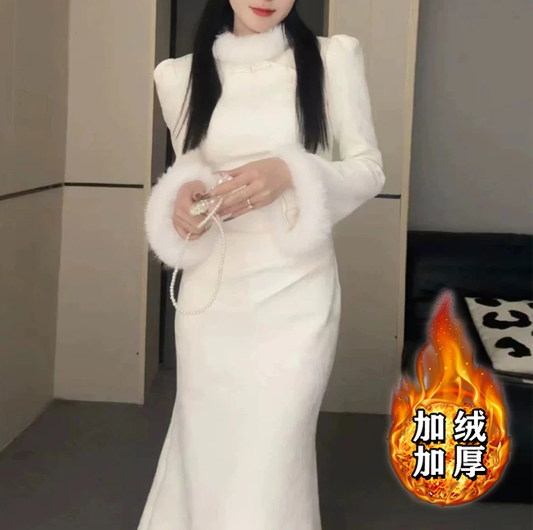 【加绒加厚】新中式国风连衣裙女2025冬季新款打底修身显瘦裙子2838