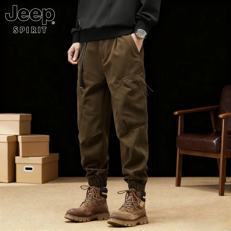 JEEPSPIRIT吉普工装男士秋冬季宽松束脚2025新款加灯芯绒休闲卫裤