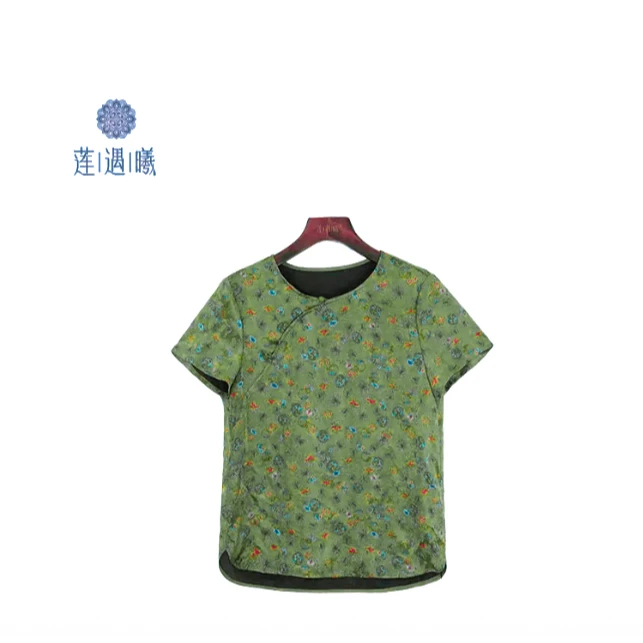 （青衫渡系列）桑波缎绿色女式衬衫莲遇曦时装1a26609印花圆领碎花