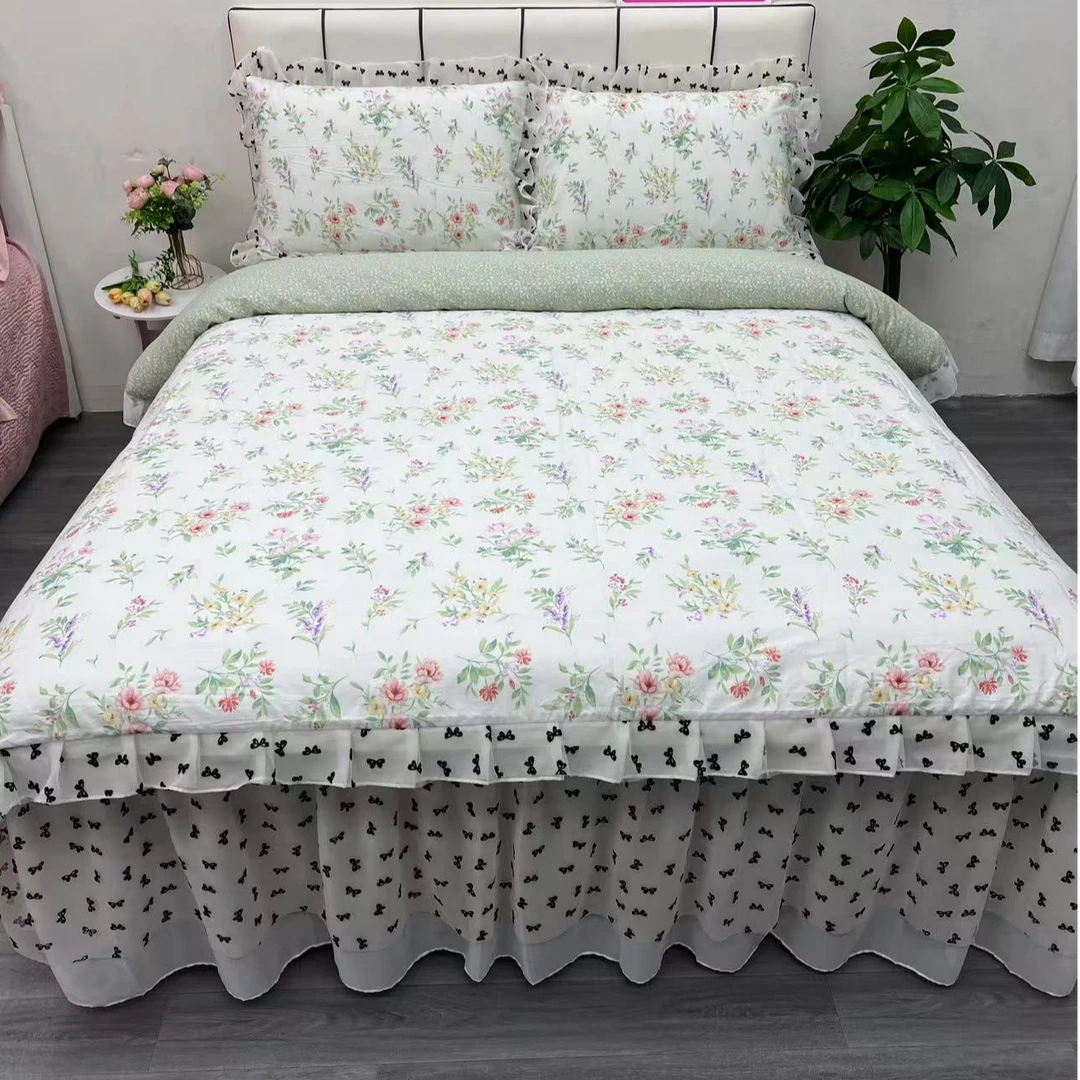 【A类母婴级】全棉四件套床裙夹棉款 全棉印花床裙可机洗韩版小碎花