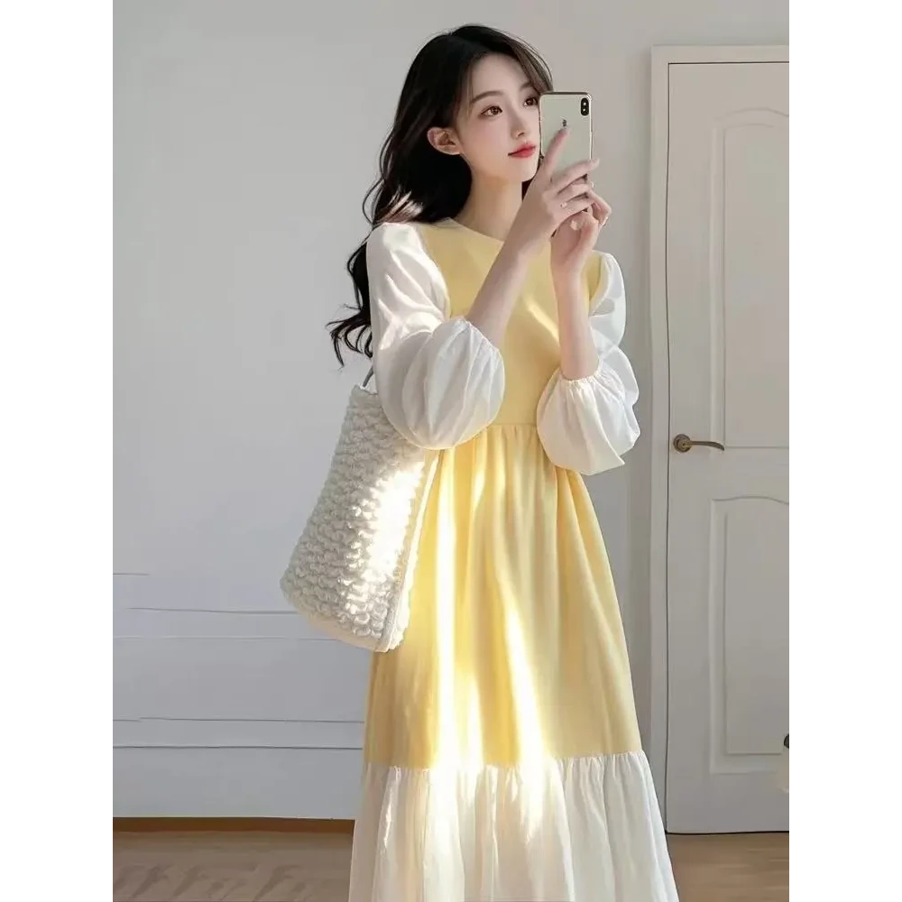 春季今年爆款流行高级感超好看气质千金风黄色拼接连衣裙