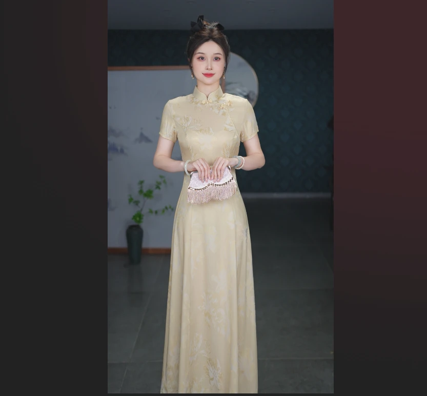 2025新款复古风双色长款优雅旗袍中国风气质款旗袍连衣裙