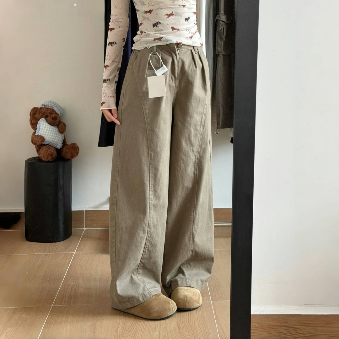 慵懒风卡其色工装裤女秋季大码胖mm梨形身材宽松显瘦阔腿休闲裤子