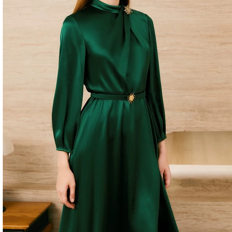 【歌】连衣裙春秋显瘦气质长袖时尚绿色收腰修身GL523