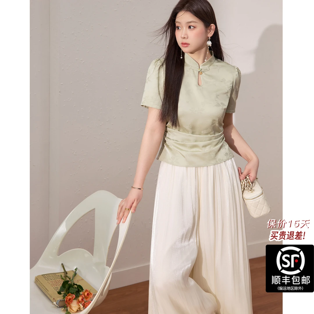 蓝语大码女装新中式清冷感短袖上衣显瘦飘逸裤裙夏季两件套08720