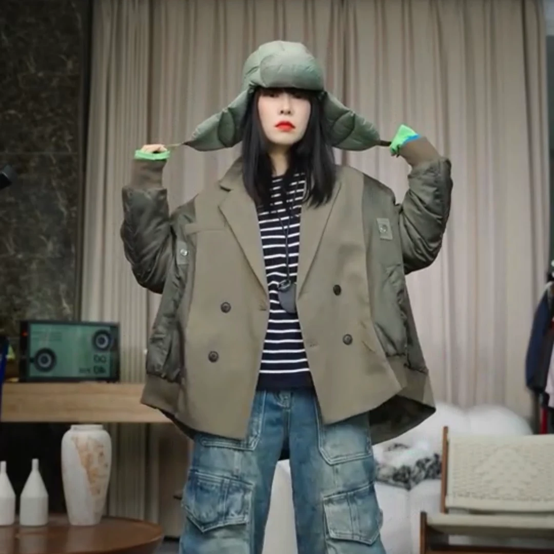 infobyfive2025秋冬夹棉堆堆袖拼接拼色西装外套二店NF0507508