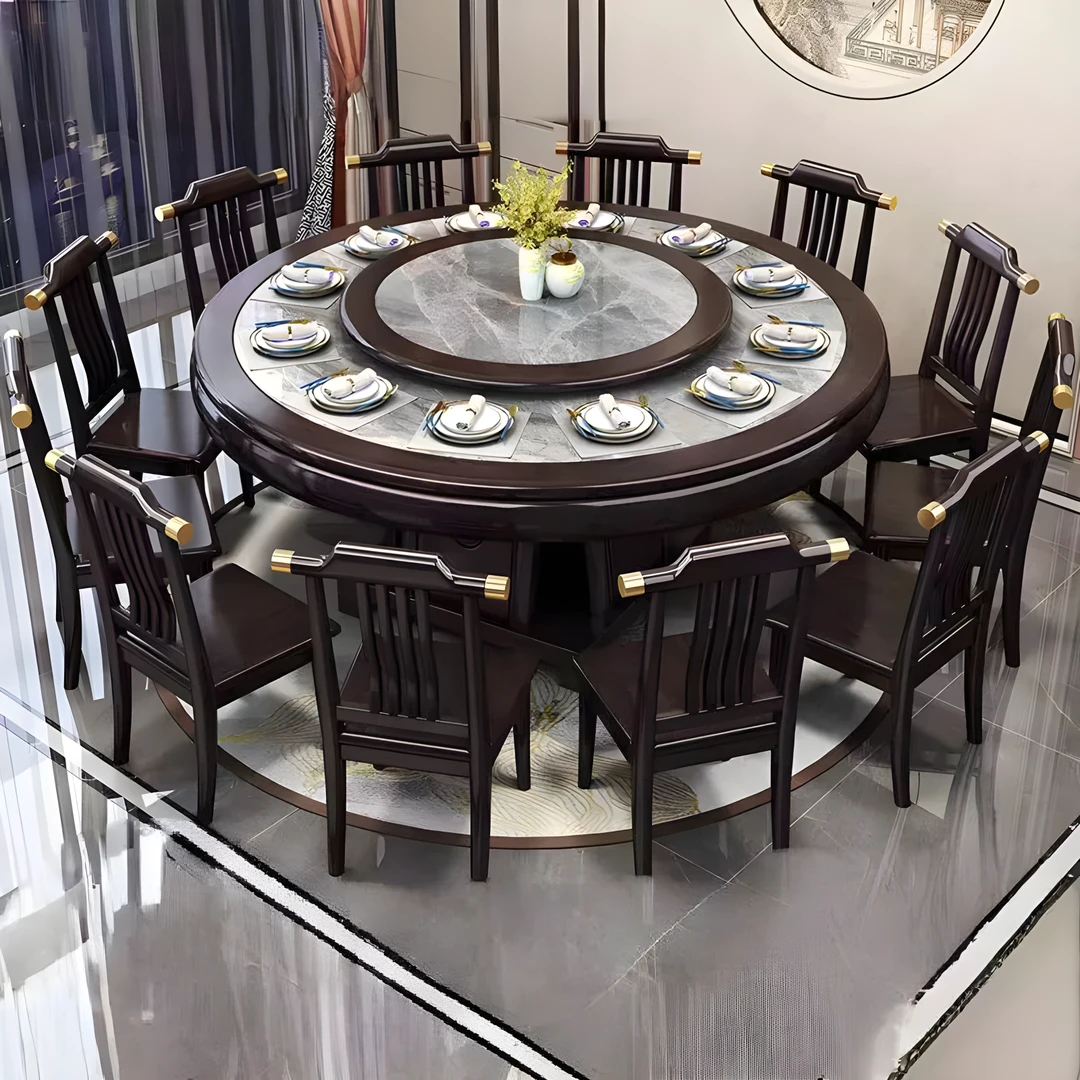 新中式内嵌岩板餐桌椅组合家用大圆桌实木餐桌带转盘酒店餐桌椅