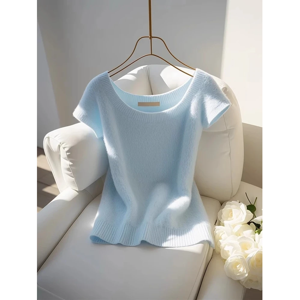2025夏季新款蓝色洋气独特别致上衣高级感独特漂亮短袖针织t恤女