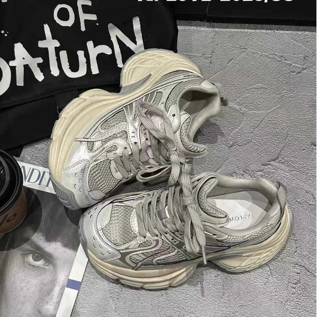 增高厚底老爹鞋女款2025新款小个子显脚小网面休闲运动鞋小众百搭