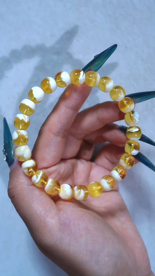 手链琥珀未镶嵌典藏级9mm金漆瓷白透金溶洞聚宝盆